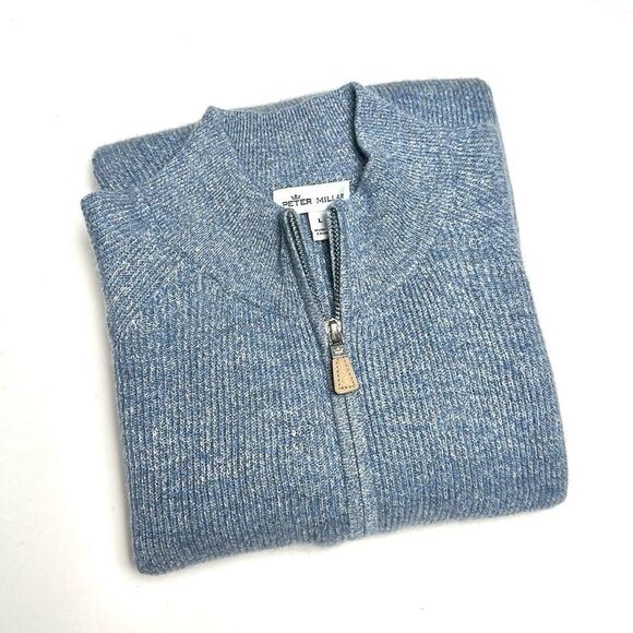 Peter Millar Crown Cashmere Linen Blend Sweater 1/4 Zip Rib Knit Blue size L - Picture 1 of 14